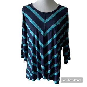 Tommy Bahama navy teal chevron stripe tunic hi low hem 3/4 sleeves XL